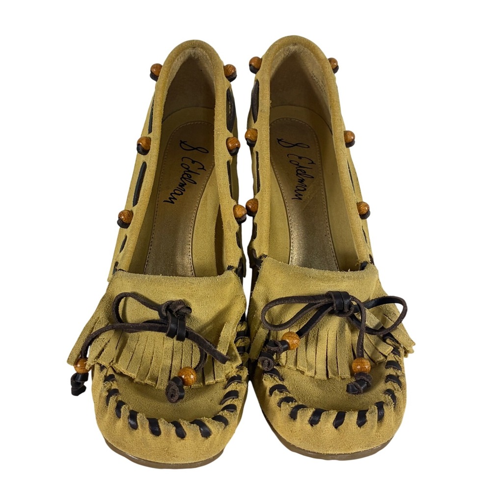 Sam Edelman‎ Mustard Suede Moccasin Wood Wedge Heels Fringe Beads Size 8M Brazil